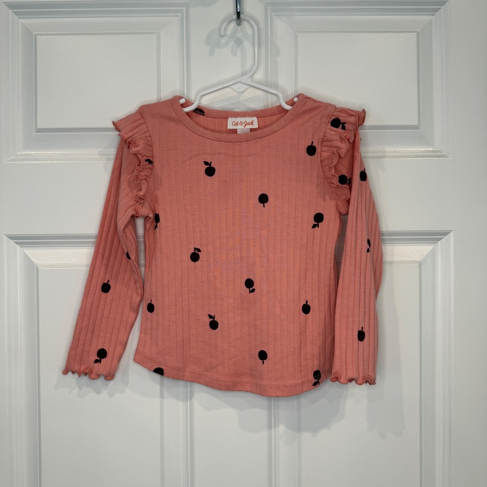 Cat & Jack Girls Coral Pink Apple Print Ribbed Ruffle Long Sleeve Top Size 4T